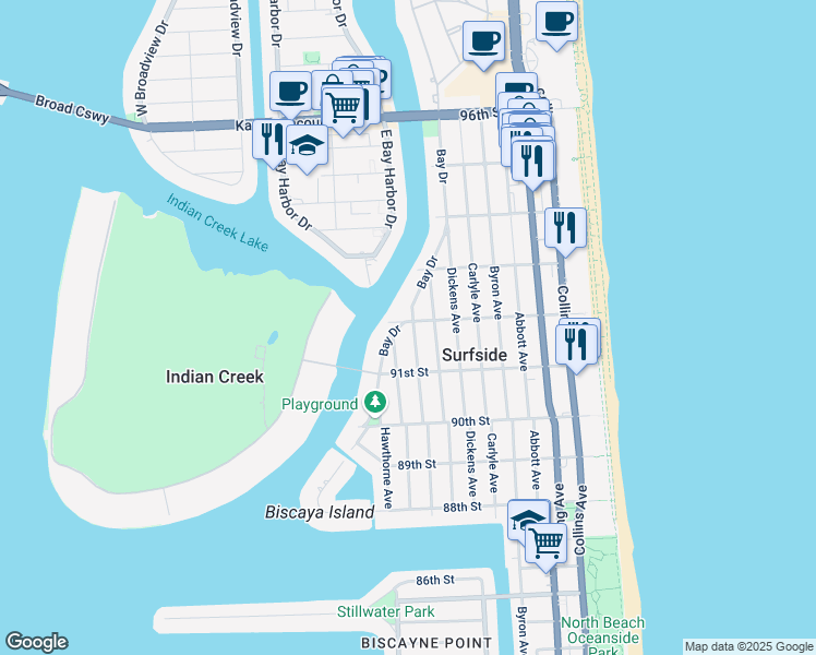 map of restaurants, bars, coffee shops, grocery stores, and more near 9184 Froude Avenue in Surfside