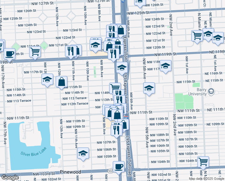 map of restaurants, bars, coffee shops, grocery stores, and more near 729 Northwest 114th Street in Miami