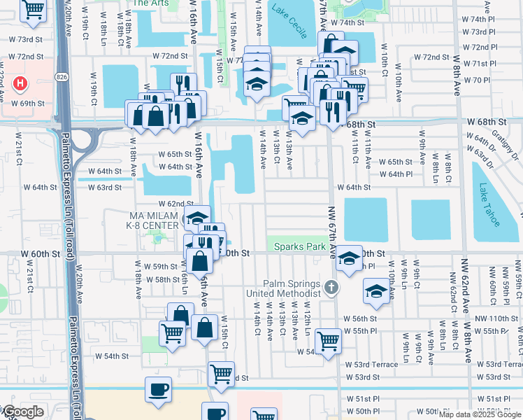 map of restaurants, bars, coffee shops, grocery stores, and more near 6190 West 14th Avenue in Hialeah