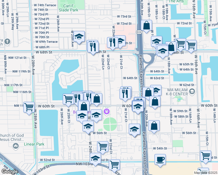 map of restaurants, bars, coffee shops, grocery stores, and more near 6265 West 22nd Court in Hialeah