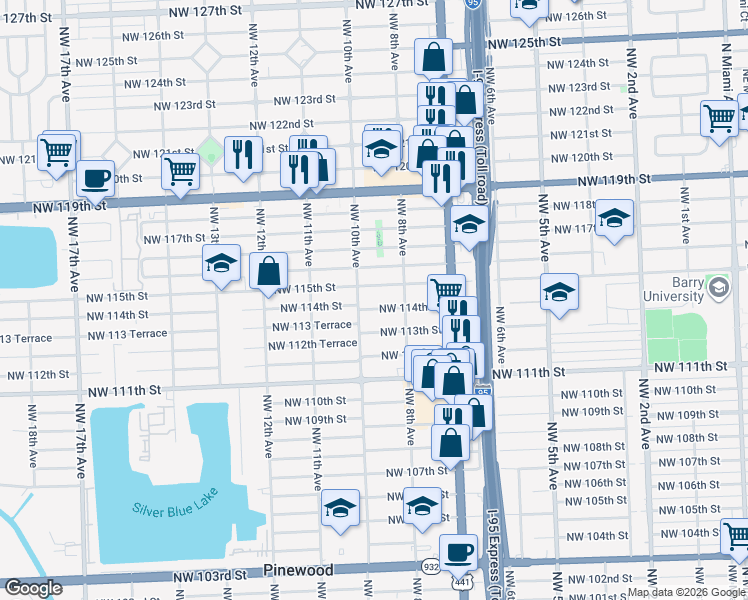 map of restaurants, bars, coffee shops, grocery stores, and more near 865 Northwest 114th Street in Miami
