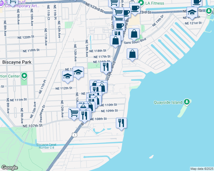 map of restaurants, bars, coffee shops, grocery stores, and more near 11150 Biscayne Boulevard in Miami