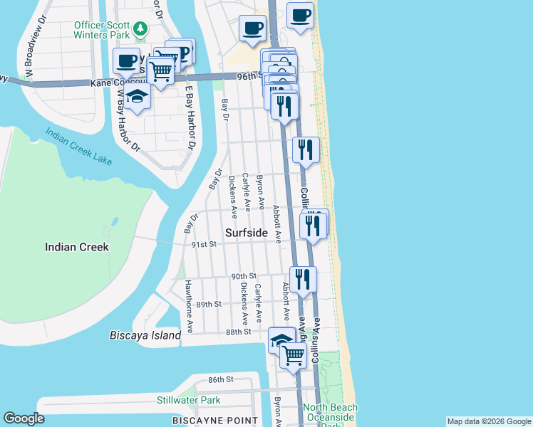 map of restaurants, bars, coffee shops, grocery stores, and more near 9180 Abbott Avenue in Surfside
