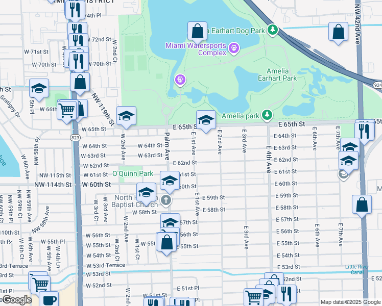 map of restaurants, bars, coffee shops, grocery stores, and more near 90 East 63rd Street in Hialeah