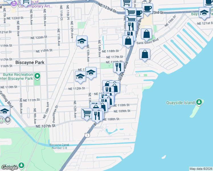 map of restaurants, bars, coffee shops, grocery stores, and more near 11200 Biscayne Boulevard in Miami