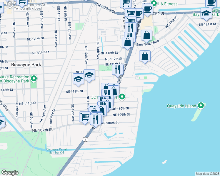 map of restaurants, bars, coffee shops, grocery stores, and more near 11200 Biscayne Boulevard in Miami