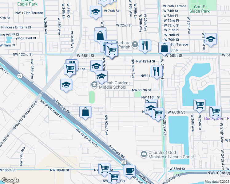 map of restaurants, bars, coffee shops, grocery stores, and more near 11675 Northwest 91st Avenue in Hialeah Gardens