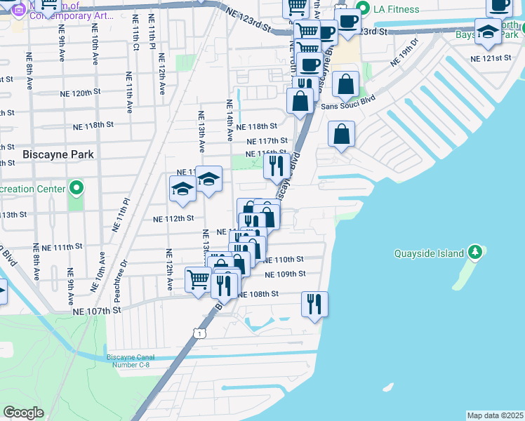 map of restaurants, bars, coffee shops, grocery stores, and more near 11150 Biscayne Boulevard in Miami
