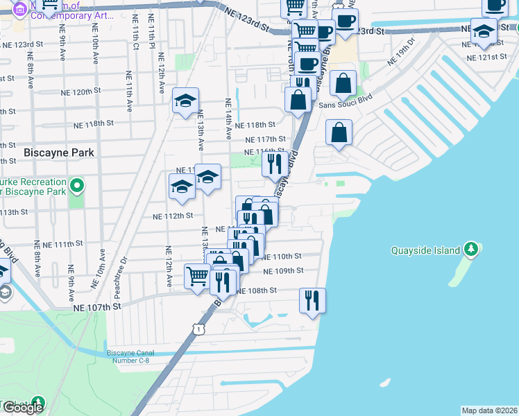 map of restaurants, bars, coffee shops, grocery stores, and more near 11150 Biscayne Boulevard in Miami