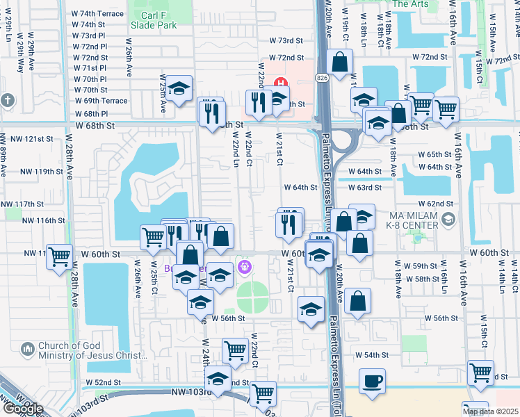 map of restaurants, bars, coffee shops, grocery stores, and more near 6265 West 22nd Court in Hialeah
