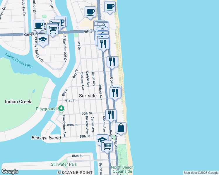 map of restaurants, bars, coffee shops, grocery stores, and more near 9172 Collins Avenue in Surfside
