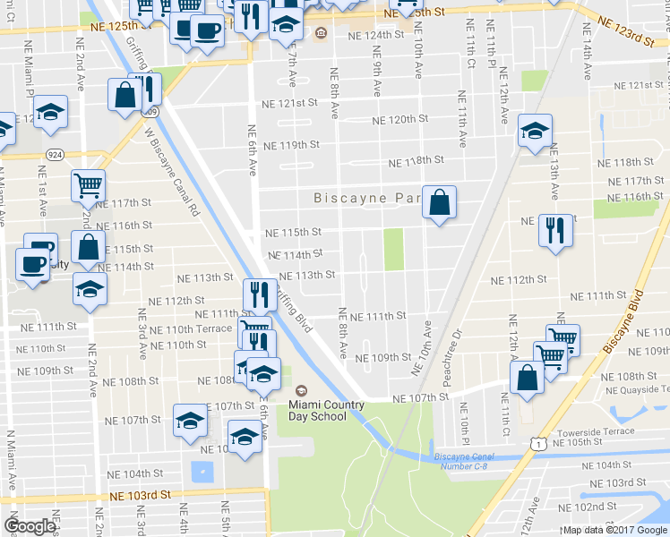 map of restaurants, bars, coffee shops, grocery stores, and more near 775 Northeast 113th Street in Biscayne Park