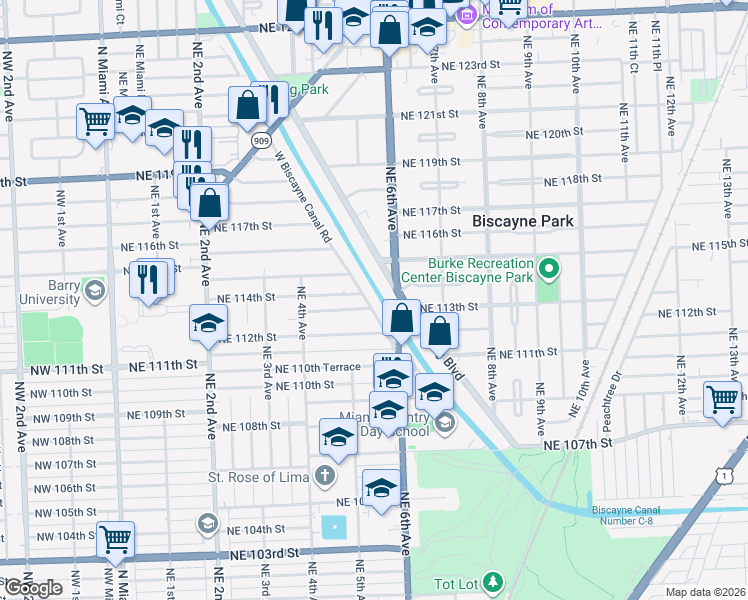 map of restaurants, bars, coffee shops, grocery stores, and more near 11377 West Biscayne Canal Road in Miami