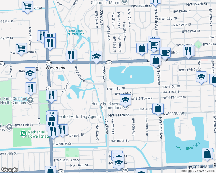 map of restaurants, bars, coffee shops, grocery stores, and more near 2105 Northwest 115th Street in Miami