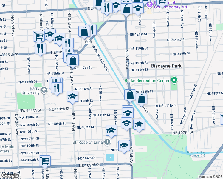 map of restaurants, bars, coffee shops, grocery stores, and more near 470 Northeast 114th Street in Miami