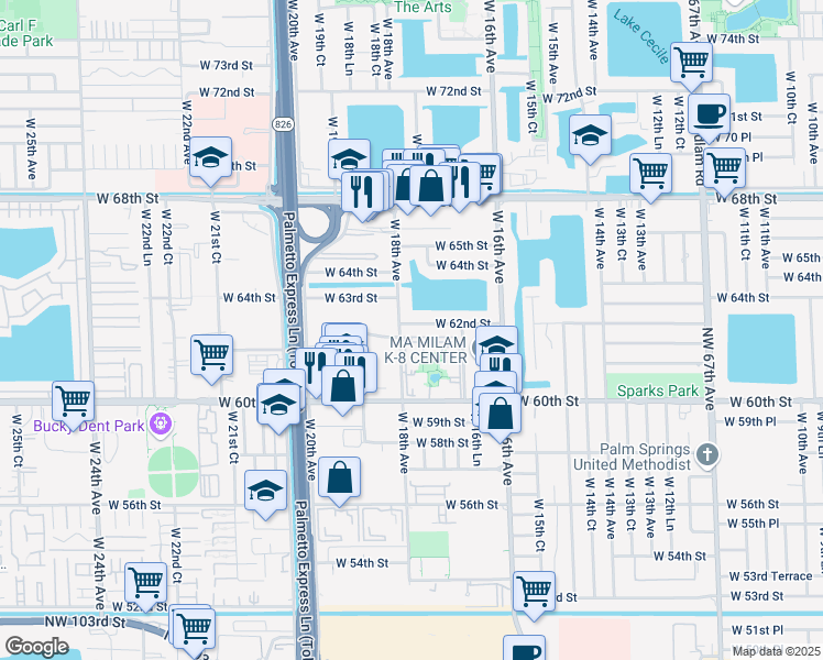 map of restaurants, bars, coffee shops, grocery stores, and more near 1770 West 62nd Street in Hialeah