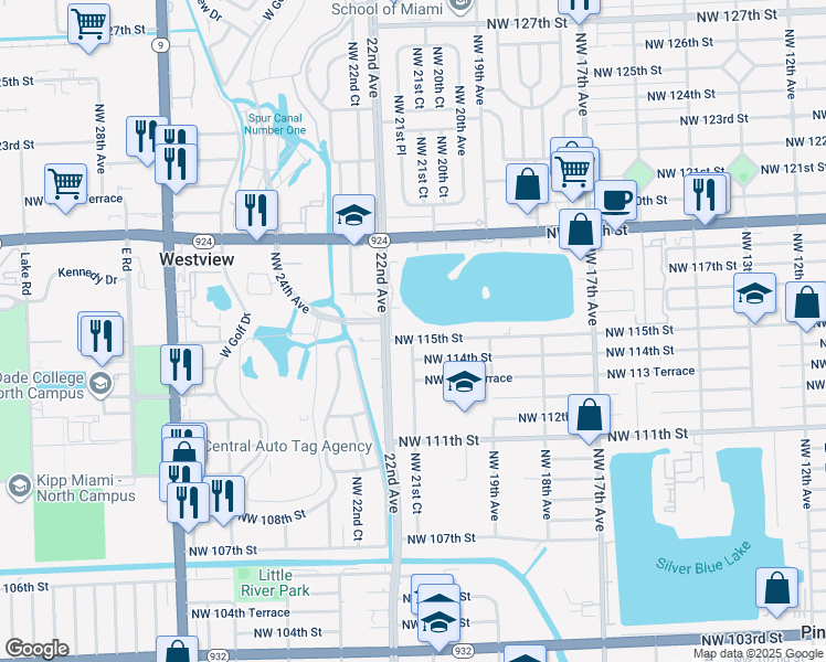 map of restaurants, bars, coffee shops, grocery stores, and more near 2105 Northwest 115th Street in Miami