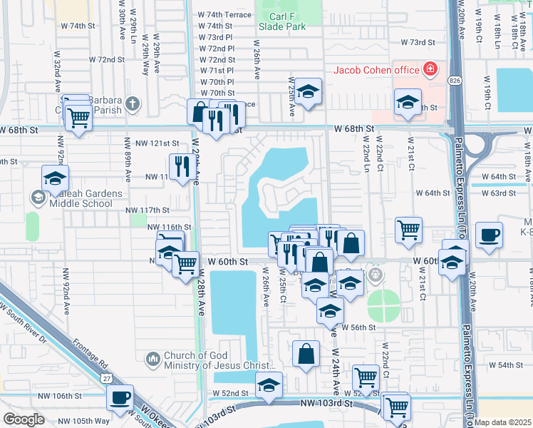 map of restaurants, bars, coffee shops, grocery stores, and more near 2594 West 64th Street in Hialeah