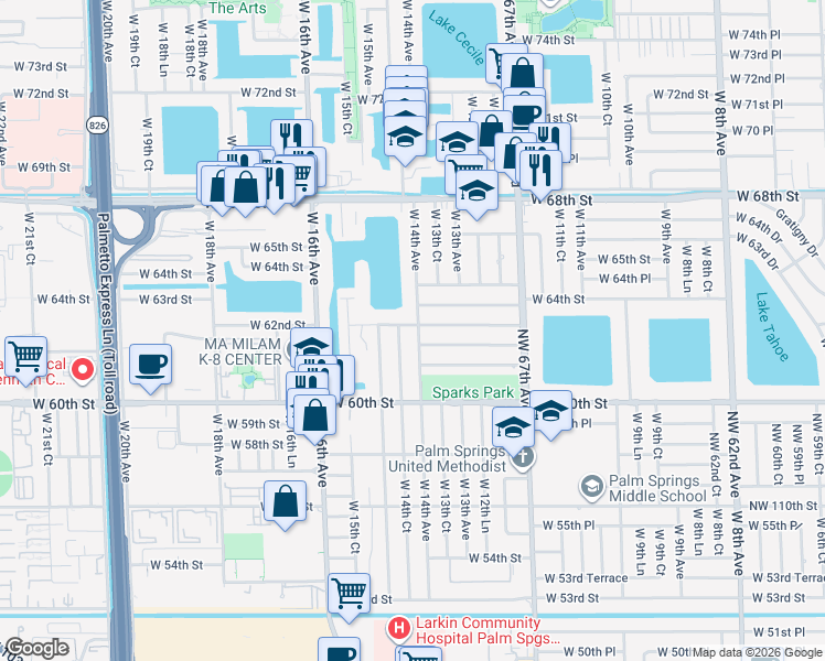 map of restaurants, bars, coffee shops, grocery stores, and more near 6190 West 14th Avenue in Hialeah