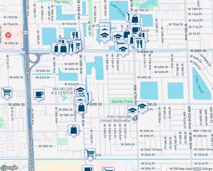 map of restaurants, bars, coffee shops, grocery stores, and more near 6190 West 14th Avenue in Hialeah