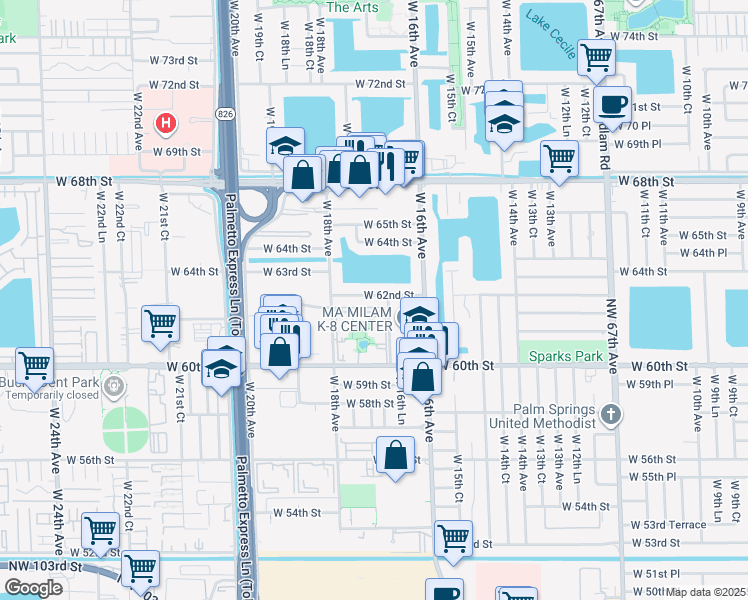 map of restaurants, bars, coffee shops, grocery stores, and more near 1690 West 62nd Street in Hialeah
