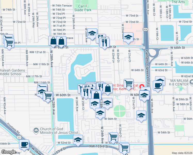 map of restaurants, bars, coffee shops, grocery stores, and more near 6330 West 24th Court in Hialeah