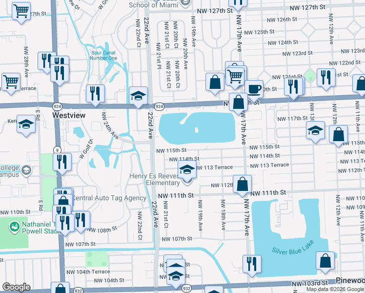 map of restaurants, bars, coffee shops, grocery stores, and more near 1955 Northwest 115th Street in Miami