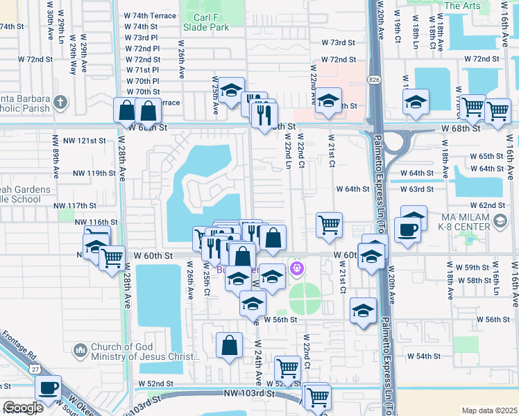 map of restaurants, bars, coffee shops, grocery stores, and more near 6251 West 60th Place in Hialeah
