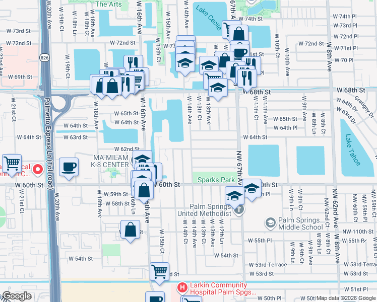 map of restaurants, bars, coffee shops, grocery stores, and more near 6190 West 14th Avenue in Hialeah