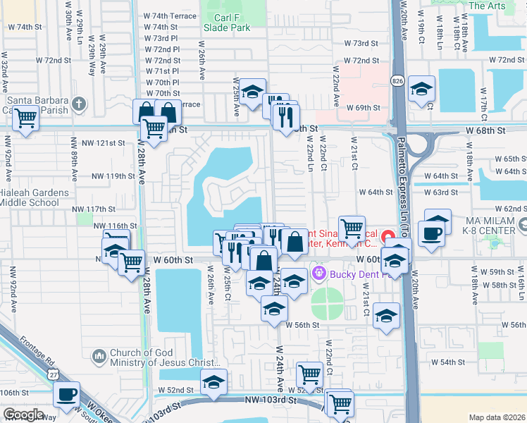 map of restaurants, bars, coffee shops, grocery stores, and more near 6330 West 24th Court in Hialeah