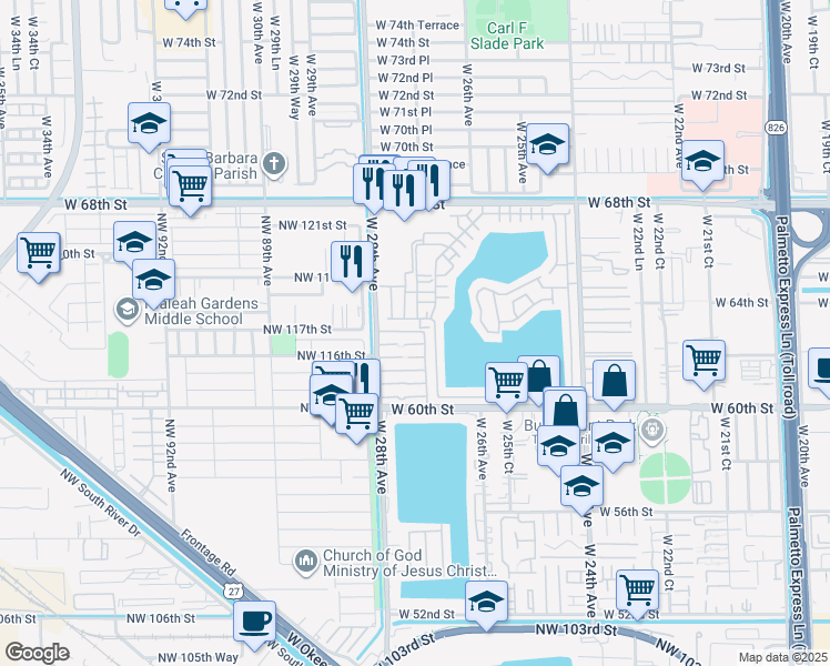 map of restaurants, bars, coffee shops, grocery stores, and more near 2765 West 62nd Place in Hialeah