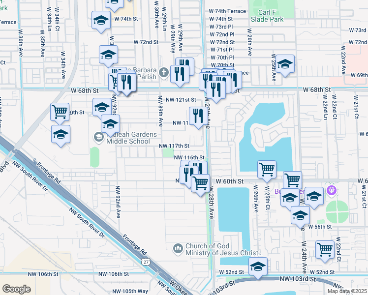 map of restaurants, bars, coffee shops, grocery stores, and more near 8837 Northwest 116th Terrace in Hialeah Gardens