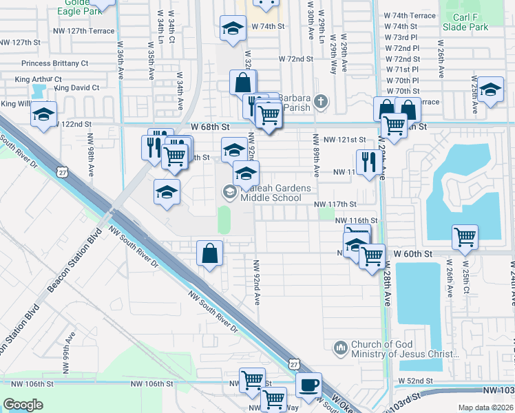 map of restaurants, bars, coffee shops, grocery stores, and more near 11674 Northwest 91st Place in Hialeah Gardens