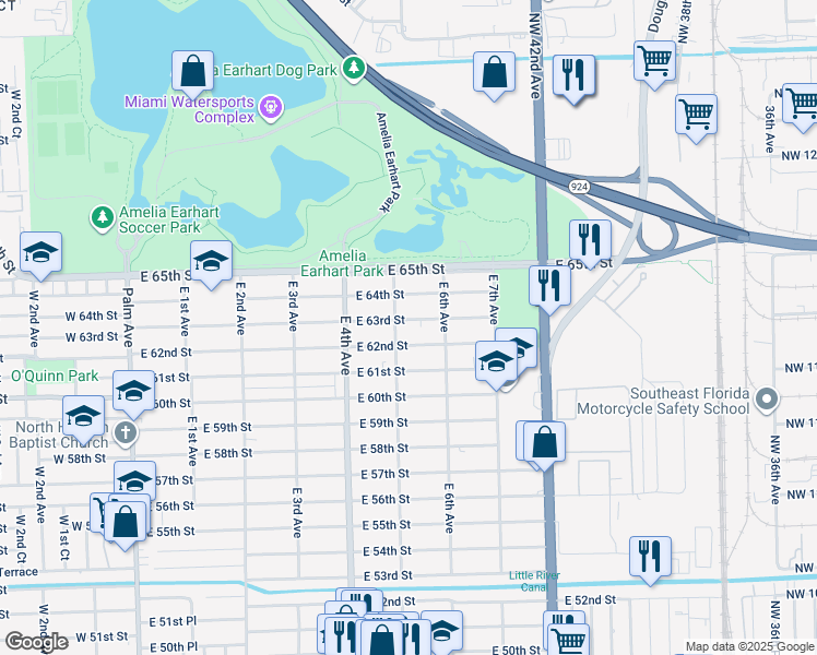 map of restaurants, bars, coffee shops, grocery stores, and more near 524 East 63rd Street in Hialeah