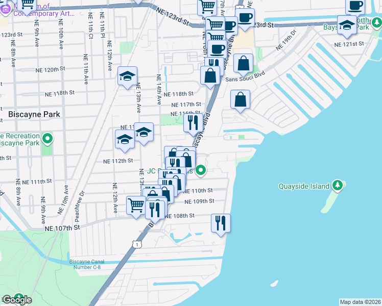 map of restaurants, bars, coffee shops, grocery stores, and more near 11150 Biscayne Boulevard in Miami