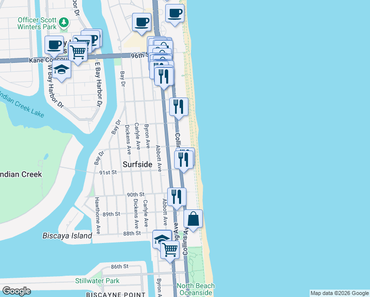map of restaurants, bars, coffee shops, grocery stores, and more near 9170 Collins Avenue in Surfside