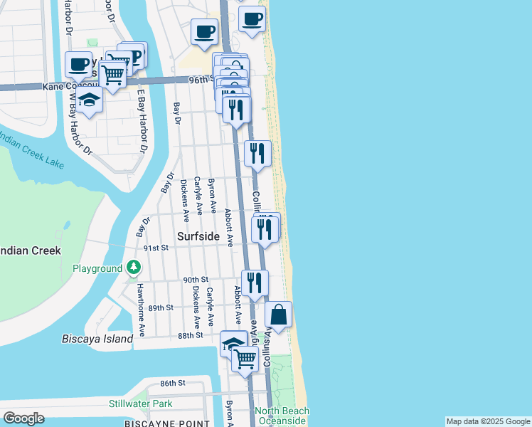 map of restaurants, bars, coffee shops, grocery stores, and more near 9170 Collins Avenue in Surfside