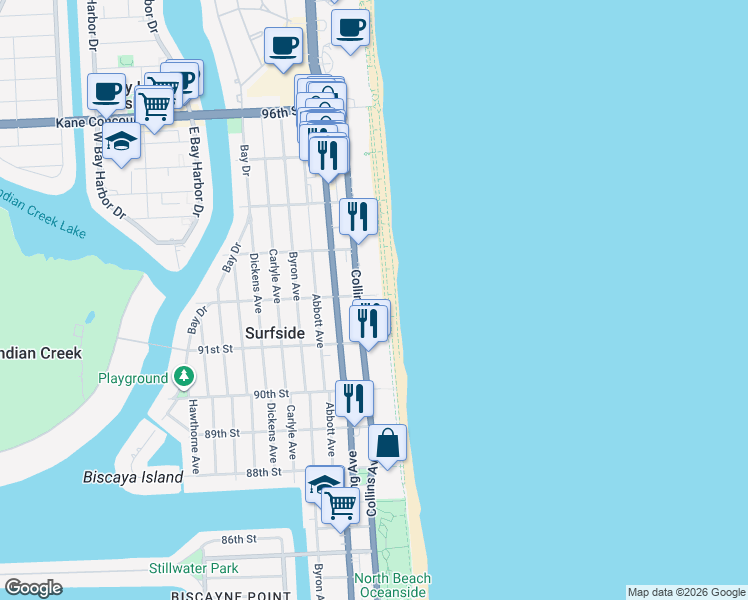 map of restaurants, bars, coffee shops, grocery stores, and more near 9195 Collins Avenue in Surfside