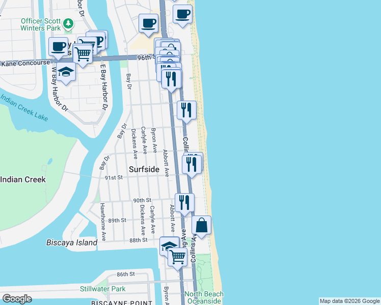 map of restaurants, bars, coffee shops, grocery stores, and more near 9170 Collins Avenue in Surfside