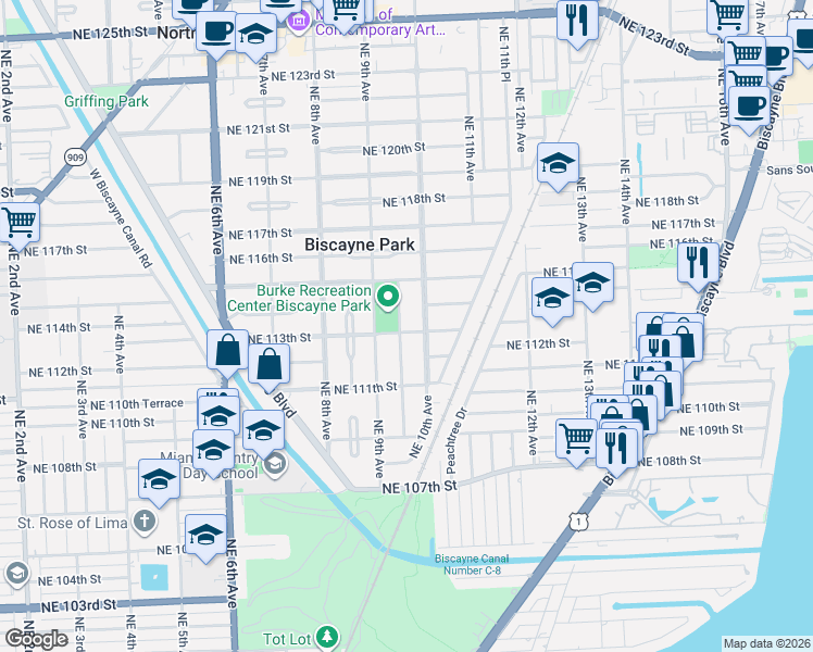 map of restaurants, bars, coffee shops, grocery stores, and more near 981 Northeast 113th Street in Biscayne Park
