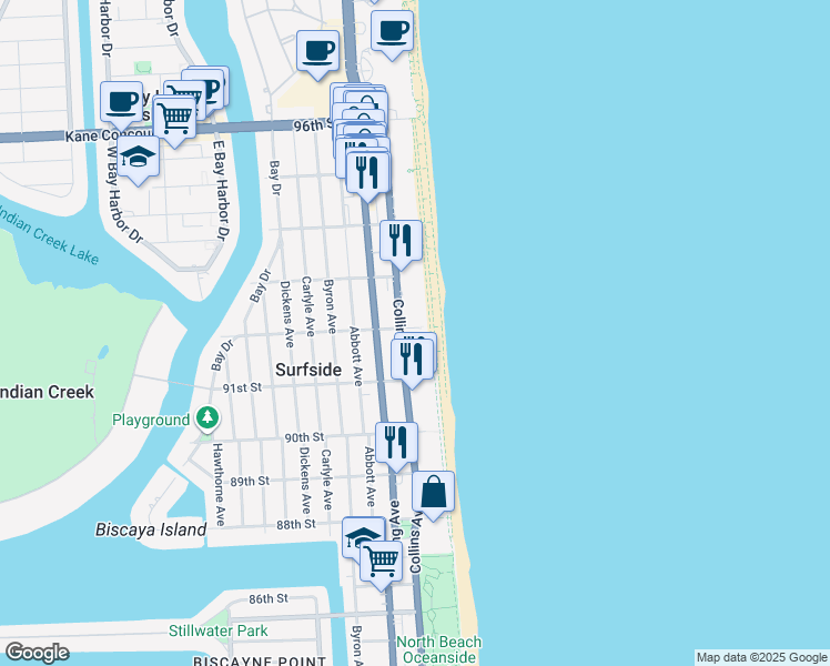 map of restaurants, bars, coffee shops, grocery stores, and more near 9170 Collins Avenue in Surfside