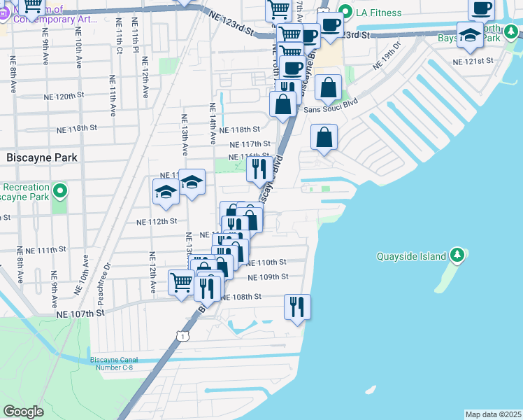map of restaurants, bars, coffee shops, grocery stores, and more near 11150 Biscayne Boulevard in Miami