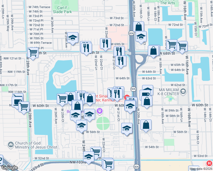 map of restaurants, bars, coffee shops, grocery stores, and more near 6265 West 22nd Court in Hialeah