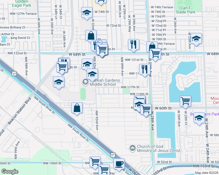 map of restaurants, bars, coffee shops, grocery stores, and more near 11675 Northwest 91st Avenue in Hialeah Gardens