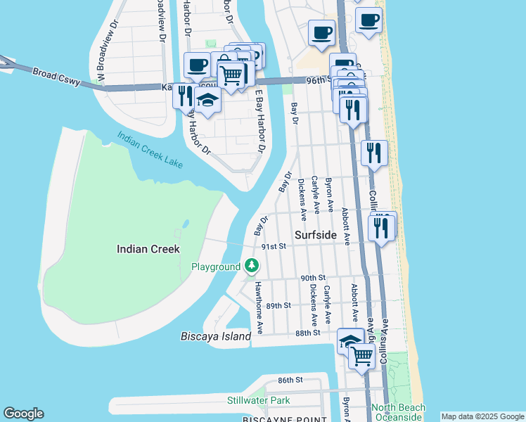 map of restaurants, bars, coffee shops, grocery stores, and more near 9184 Froude Avenue in Surfside