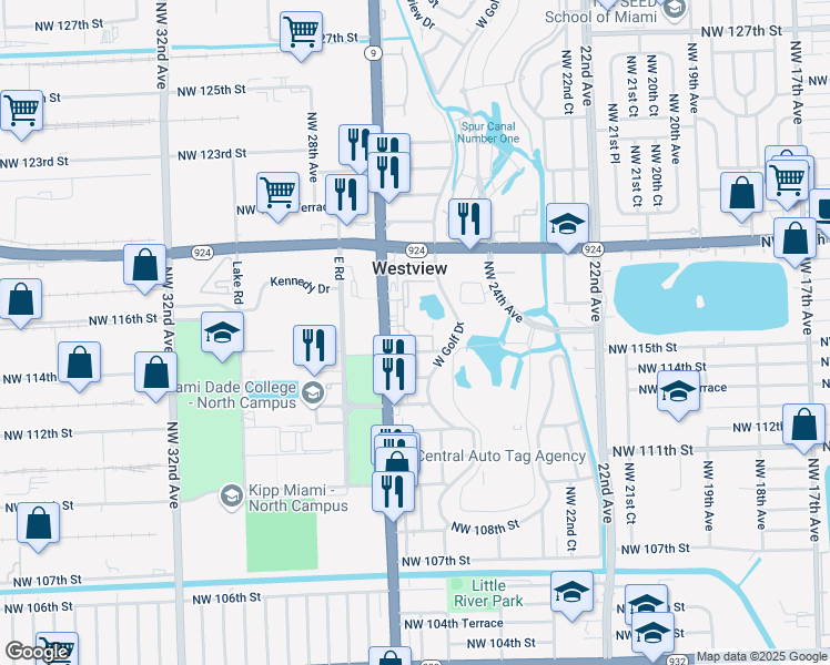 map of restaurants, bars, coffee shops, grocery stores, and more near 11525 Northwest 27th Avenue in Miami