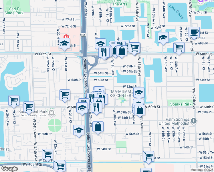 map of restaurants, bars, coffee shops, grocery stores, and more near 1855 West 62nd Street in Hialeah