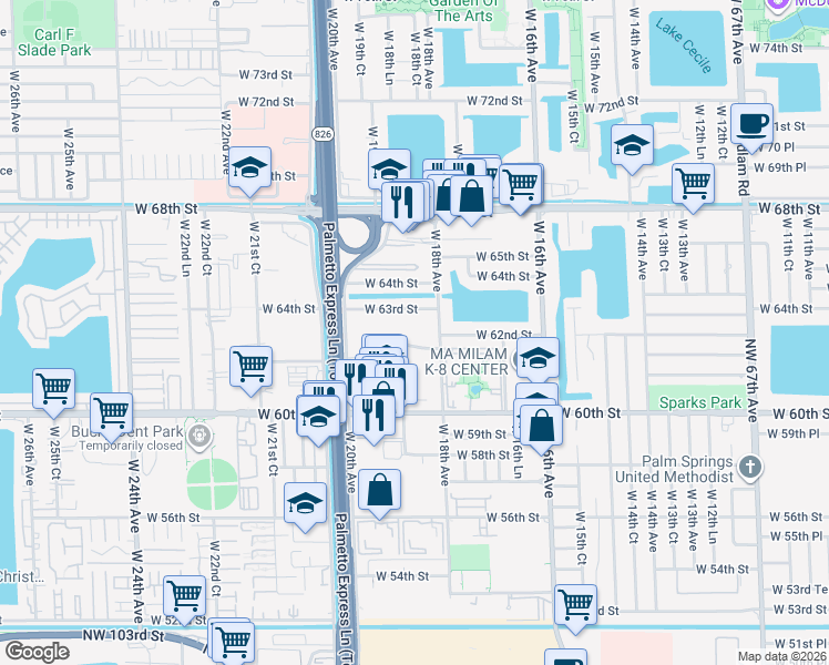 map of restaurants, bars, coffee shops, grocery stores, and more near 1855 West 62nd Street in Hialeah