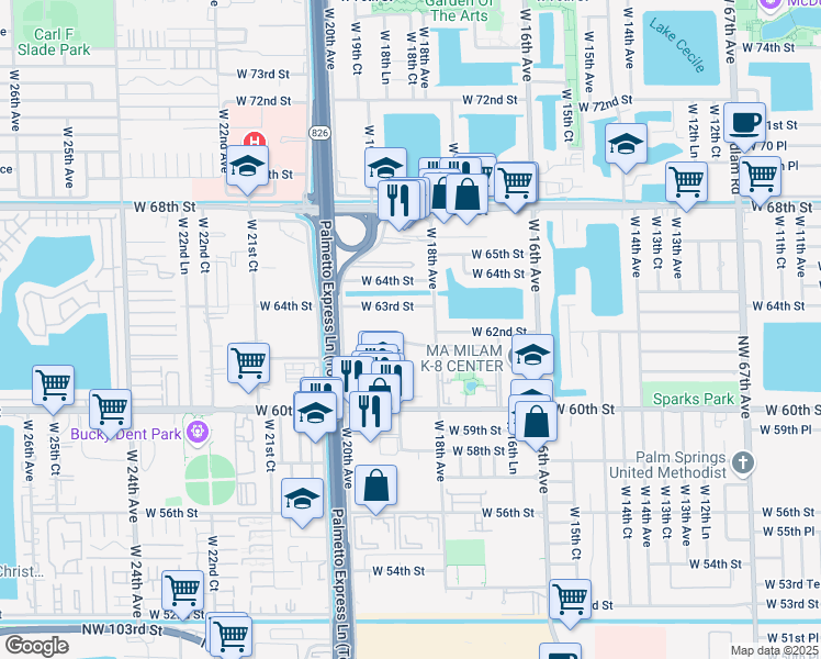 map of restaurants, bars, coffee shops, grocery stores, and more near 1855 West 62nd Street in Hialeah