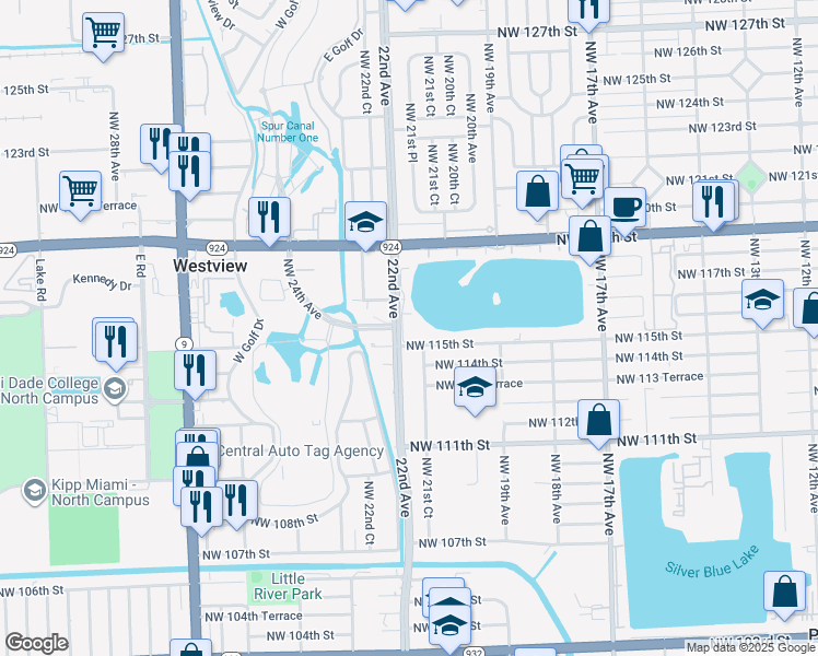 map of restaurants, bars, coffee shops, grocery stores, and more near 2105 Northwest 115th Street in Miami
